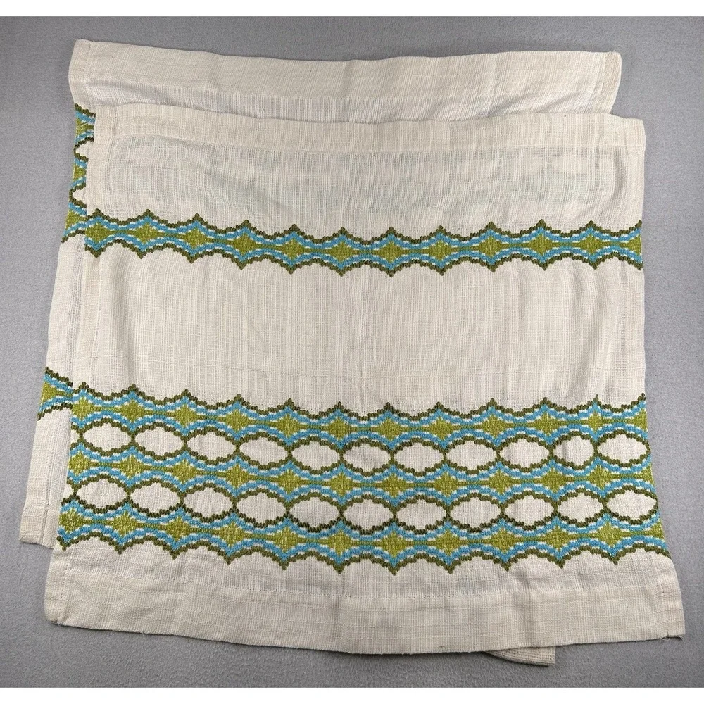 VTG JC Penny Embroidered Cafe Curtains & Valance Set Blue Green MCM 70's Groovy